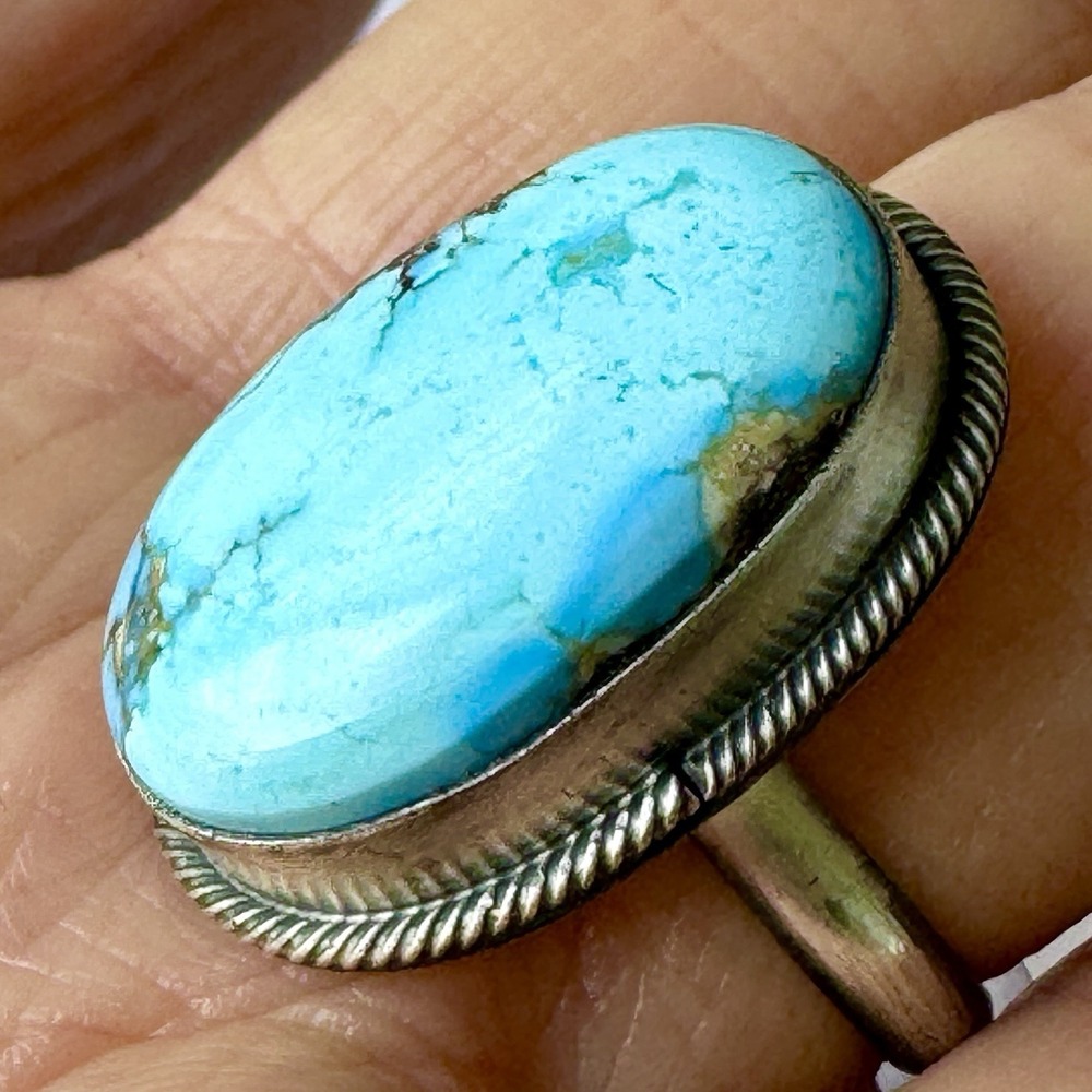 Navajo Golden Hills Ring Blue Turquoise Sz 7 Adj Signed Skeets Sterling Native - Picture 3 of 9